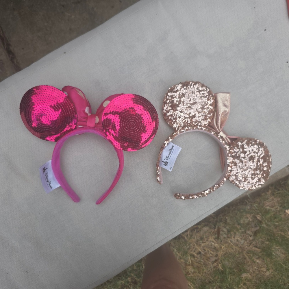 Disney Parks Minnie Mouse Ears Headband Lot Rose Gold Magenta Pink Sequins Bow - Picture 2 of 9